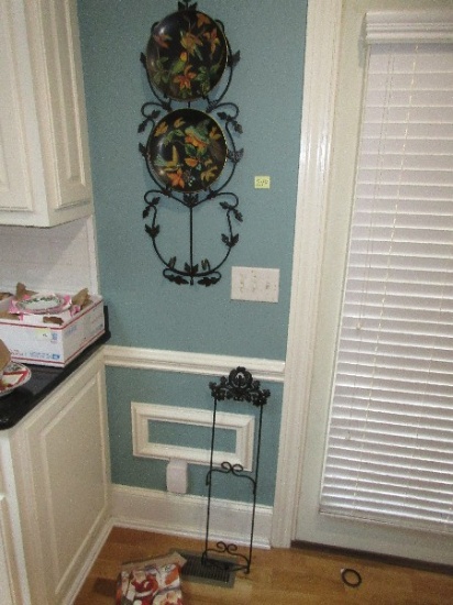 Lot 2 Decorative Wall Mount Plate Rack Display, 2 Satter's Creek Colorful Parrot 10 1/4" Plates, 3