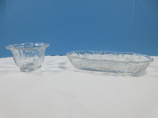 2 pcs. Fostoria Baroque Shape Etched Chintz Pattern 11" Oval Celery Dish and Mayo Bowl