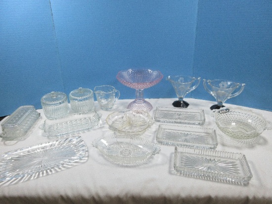 Lot Anchor Hocking Moonstone Clear Opalescent Hobnails Crimped 6" Round Handled Bowl