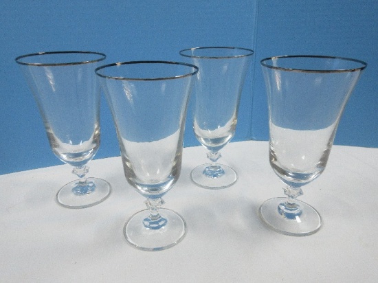 Set 4 Oneida Crystal Tosca Platinum Knob Stem 7 1/4" Iced Tea Goblets Circa 1991-1999
