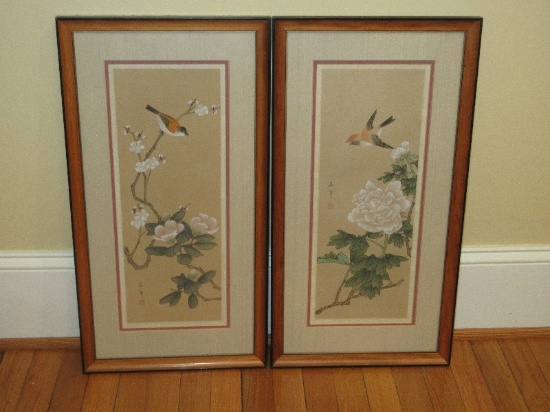 Beautiful Pair Swallow Perched on Blooming Cherry Limb & Mid Flight Above Peony Flowers