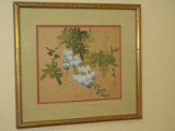 Flycatcher Bird Perched on Flowering Wisteria Vine Original Artwork on Silk In Simulated