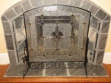 Resplendent Decorative Lead Glass Fireplace Amber Arched Panel Screen Free Stand Black Metal