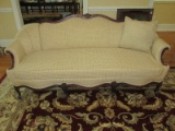 Refined French Inspired Louis XV Style Formal Sofa Carved Mahogany Wood Trim Flower Bud