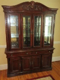 Impressive Traditional Lighted China Cabinet Mirror Back, Glass Shelves, Ornate Pediment on
