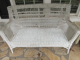 White Wicker Settee w/Arm Rest & Braided Trim Weathered Finish. 35