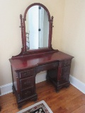 Mahogany Vanity Dresser w/ Attached Arched Frame Mirror, Dovetail Drawers and Demi