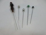 5 Collectible Beautiful Hat Pins Amber Art Glass Faux Pearl w/ Rhinestone Etc.