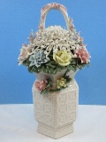 Chinoiserie Semi Porcelain Hexagonal Embossed Flower Panel Basket w/Hand Crafted Floral