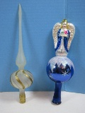 2 Hand Crafted Glass Tree Topper Angel Figure on Cobalt Blue Sphere w/Glitter Stars Accent-