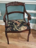 Empire Style Mahogany Scroll Arm Chair w/Carved Medallion Back Upholstered Seat&Saber Legs