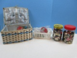 Lot Vintage Sewing Basket, Buttons Collection, Pin Cushion, Spools of Thread etc.