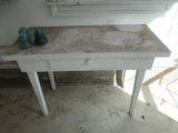 Lot 3 Glass Insulators, Glass Flower Frog, Primitive White Farmhouse Table w/Drawer