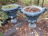 Pair Concrete Estate Ornate Planter Urns Acanthus Leaf Handles, Winged Cherub Faces & Fruit