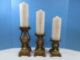 Set 3 Resin Versailles Regency Stylized Graduating Scale Pillar Candle Stands Antiqued Gilt