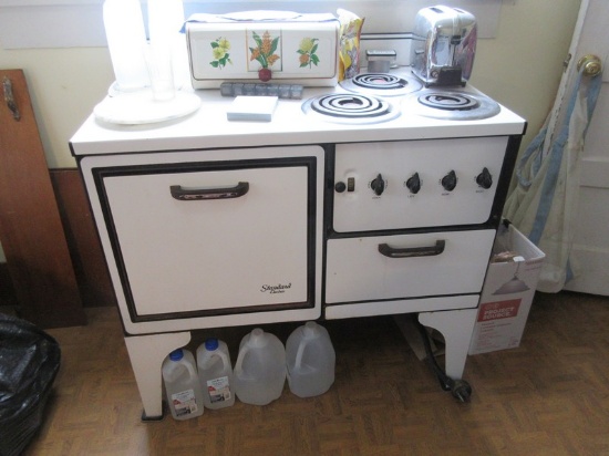 Vintage 1937 Standard Electric Stove White Enamel w/ Black Trim Plus Warmer