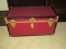 Particle Board Foot Locker Keepsake Trunk Plum Vinyl Cover Black Trim Brass Tone Accent