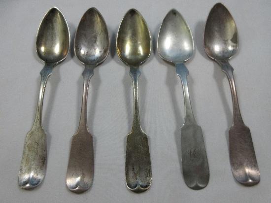 5 Antique Coin Silver Fiddle Thread Teaspoons w/Monogram & 4 Cody
