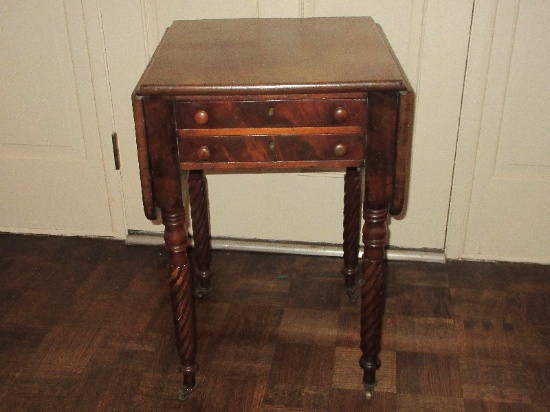 Sheraton Stylized Dropleaf Mahogany Spiral Legs Side Table on Casters w/2 Dovetail Drawers