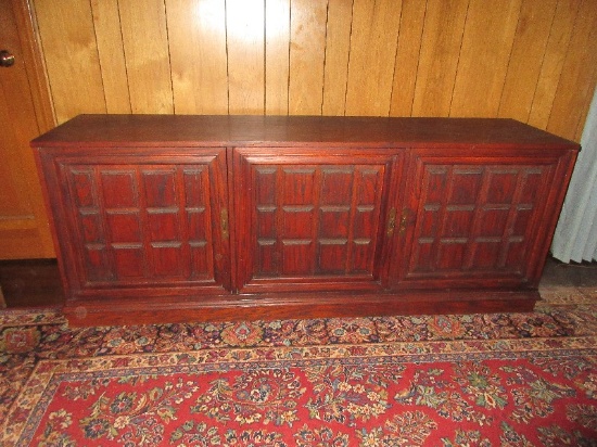 Spanish Brutalist Style 3 Panel Door Wood Credenza w/Drawers & Small Mounted Fans