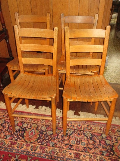 Set of 4 Oak Slat Seeded Ladder Back Chairs