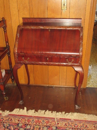 Traditional Chippendale Style Mahogany Slant Front Secretary Carved Foliage Trim Fitted