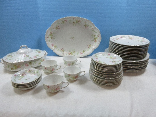 45pcs Hutschenreuther Fine China Maple Leaf Pattern Scalloped Racine Shape Green & Pink