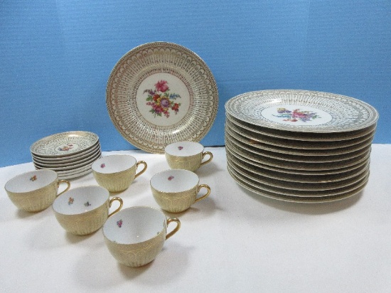 26pcs Gorgeous 1857 Antique Czechosslovakia 10 5/8" Plates, Cups & Saucers Floral Bouquet