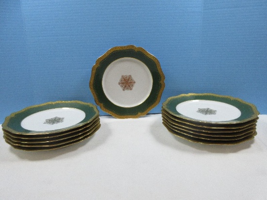 12pcs Limoges France Wm. Guerin & Co. China Arthur Kaye 9 3/4" Plates Gilt/Green