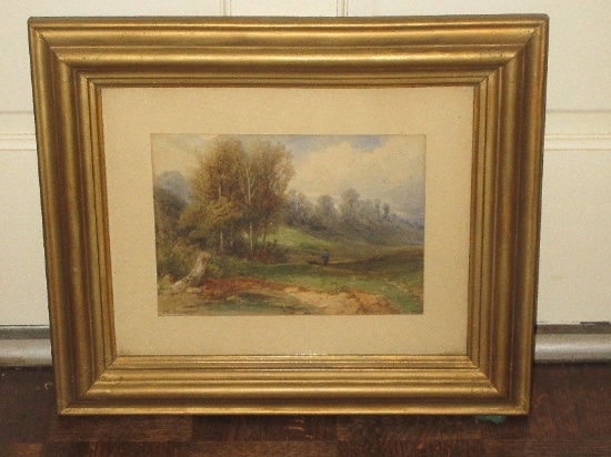 Original Watercolor Forest Woodland w/2 Workers in The Pasture Antique Gilt Patina Frame