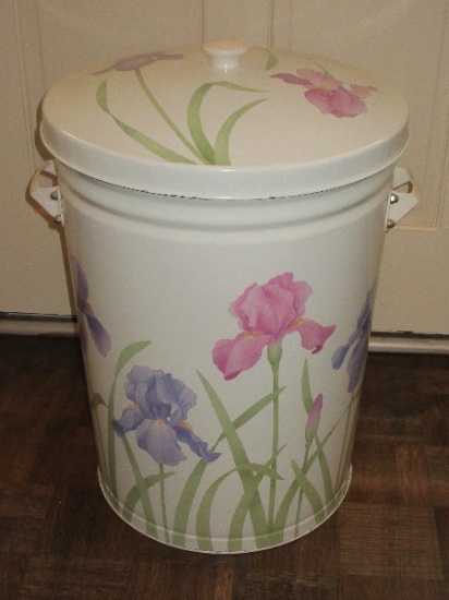 Exceptional Metal Trash Can & Lid Bearded Irises Lavender/Pink Colors White Background