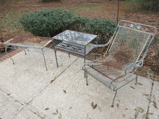 3pcs Wrought Iron Patio Mid Century Modern Aesthetic Style Arm Chair, 2 Tier Side Table