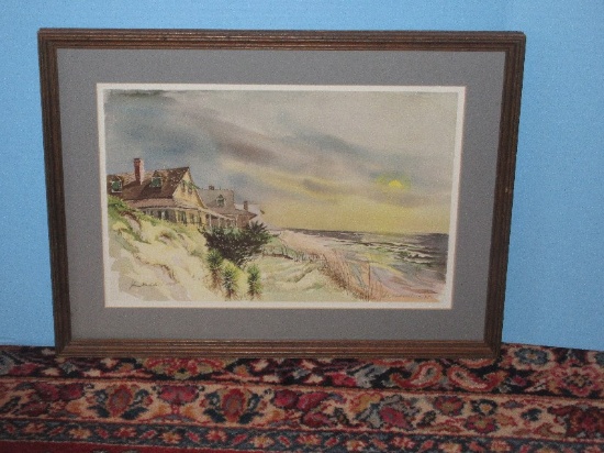 Coastal Beach Homes on Dunes Artist Signed Lithograph Ltd. 167/650 Print in Frame 20" x 15"