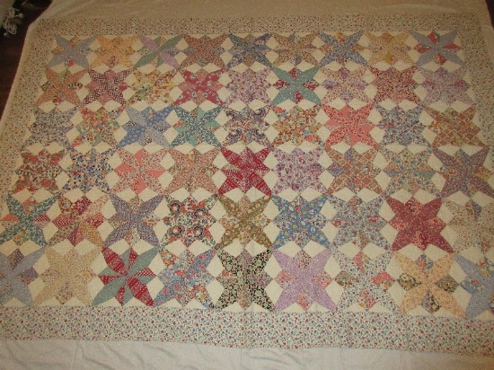 Hand Made Early Summer Quilt "Touching Stars" "Star Flower" Possible Pattern Est. 1930's or