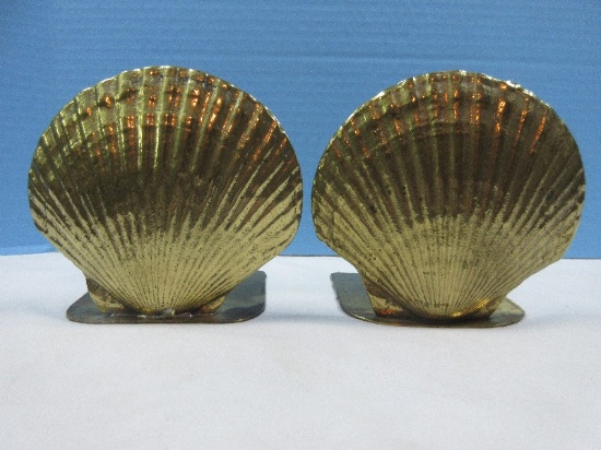 Pair Brass Scalloped Sea Shell Bookends 5"