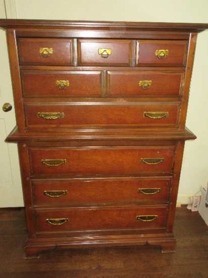 Bassett Furniture Ind. Cherry Drop Pulls Chest on Chest of Drawers Approx 59"H x 43" x 20"