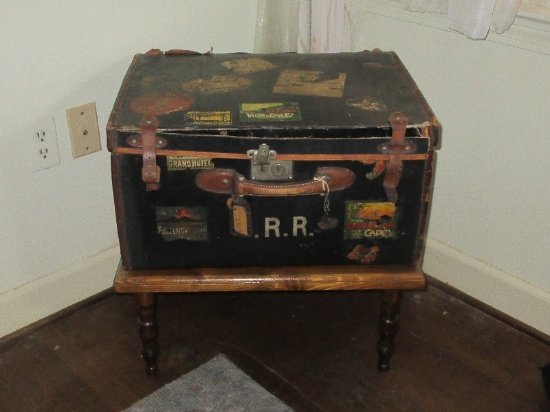 Early Suitcase Travel Trunk w/Wooden Base Stand- 12 1/2"H x 22" x 16 1/2"