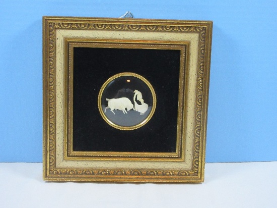 Spanish Real Ivory Hand Carved Bullfighter Scene on Black Velvet Convex Glass Shadow Box