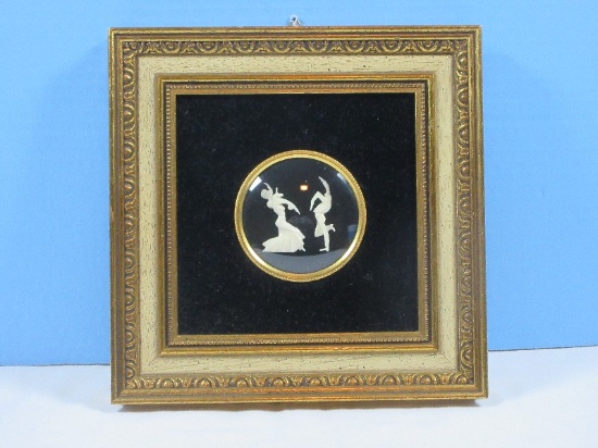 Spanish Real Ivory Hand Carved Flamenco Dancers Scene on Black Velvet Convex Glass Shadow