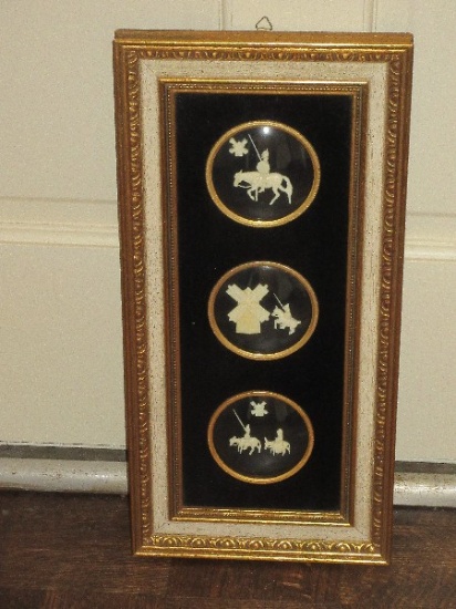 Awesome Real Spanish Ivory Hand carved 3 Don Quixote & Windmill Scenes on Black Velvet