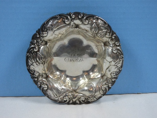 Marvelous Sterling Silver Hibiscus Flowers Embellished Rim 5 3/4" D Bowl Center Monograms