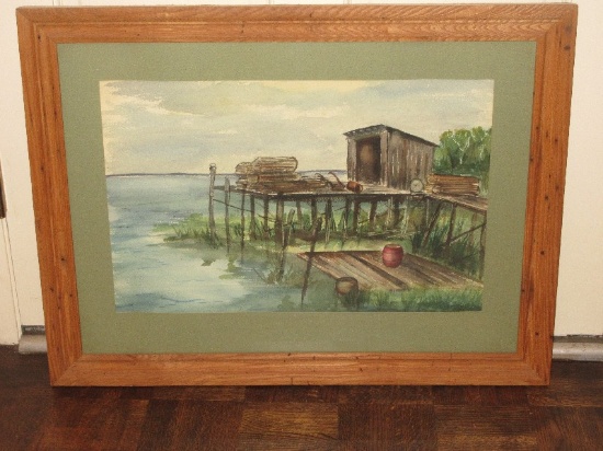 Original Watercolor Low Country Fishing Shack on Dock w/Lobster Cage in Wormwood Frame