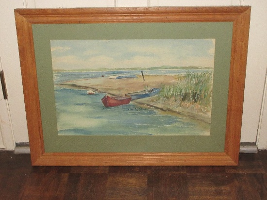 Original Watercolor Coastal Scene w/Beached Boats in Wormwood Frame-30" x 22"