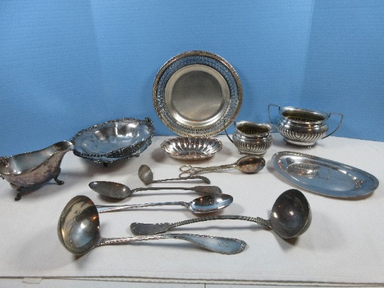 Lot Silverplate Serving Pieces Footed Bride's Basket Swing Handle, Reticulated 10 1/4"D Shallow
