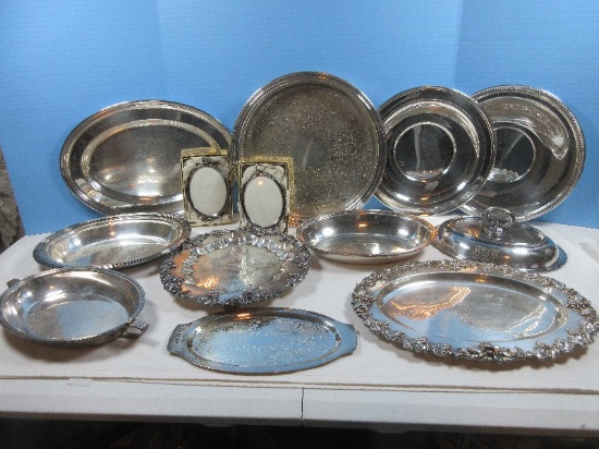 Lot Silverplate Serving Pieces Oval Dishes Raised Grapevine Rim, Pierced Gallery Waiter Tray