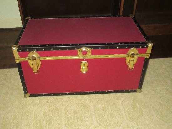 Particle Board Foot Locker Keepsake Trunk Plum Vinyl Cover Black Trim Brass Tone Accent