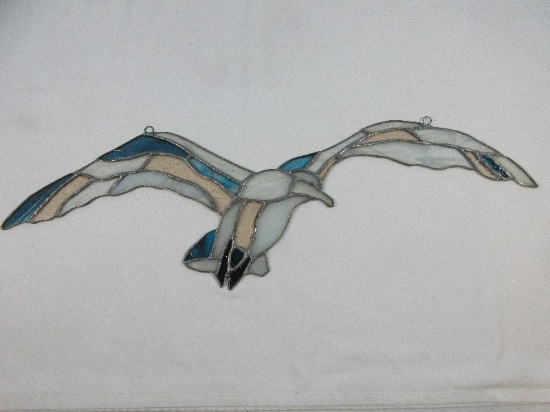 Stain Glass Suncatcher Seagull Coastal Bird Figure Mid Flight- Approx. 23 1/2"W