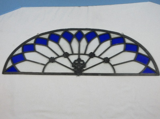 Impressive Stain Glass Window Transom Panel Victorian Era Stylized Cobalt Blue & Clear