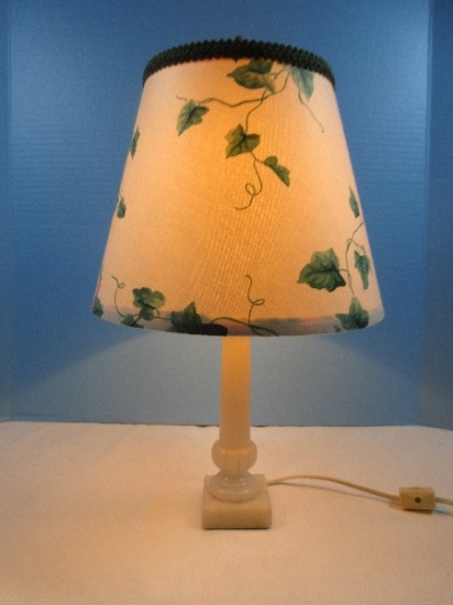 Carved charming Alabaster Candlestick 16" Accent Lamp w/Fabric Ivy Shade