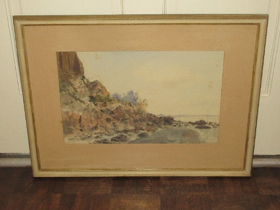 Scarce Find Antique Original Watercolor Titled "Mont St. Michel" Coastal Landscape Artist Signed